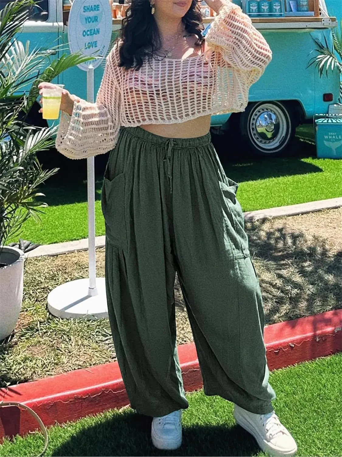 Womens Linen Pants Summer High Waisted Wide Leg Pants Casual Lightweight Drawstring Elastic Waist Pant with Pockets