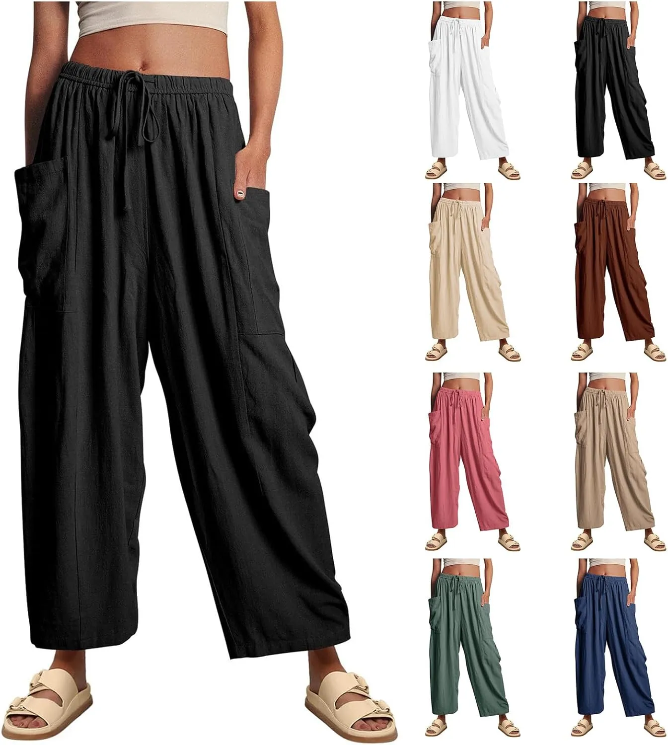 Womens Linen Pants Summer High Waisted Wide Leg Pants Casual Lightweight Drawstring Elastic Waist Pant with Pockets