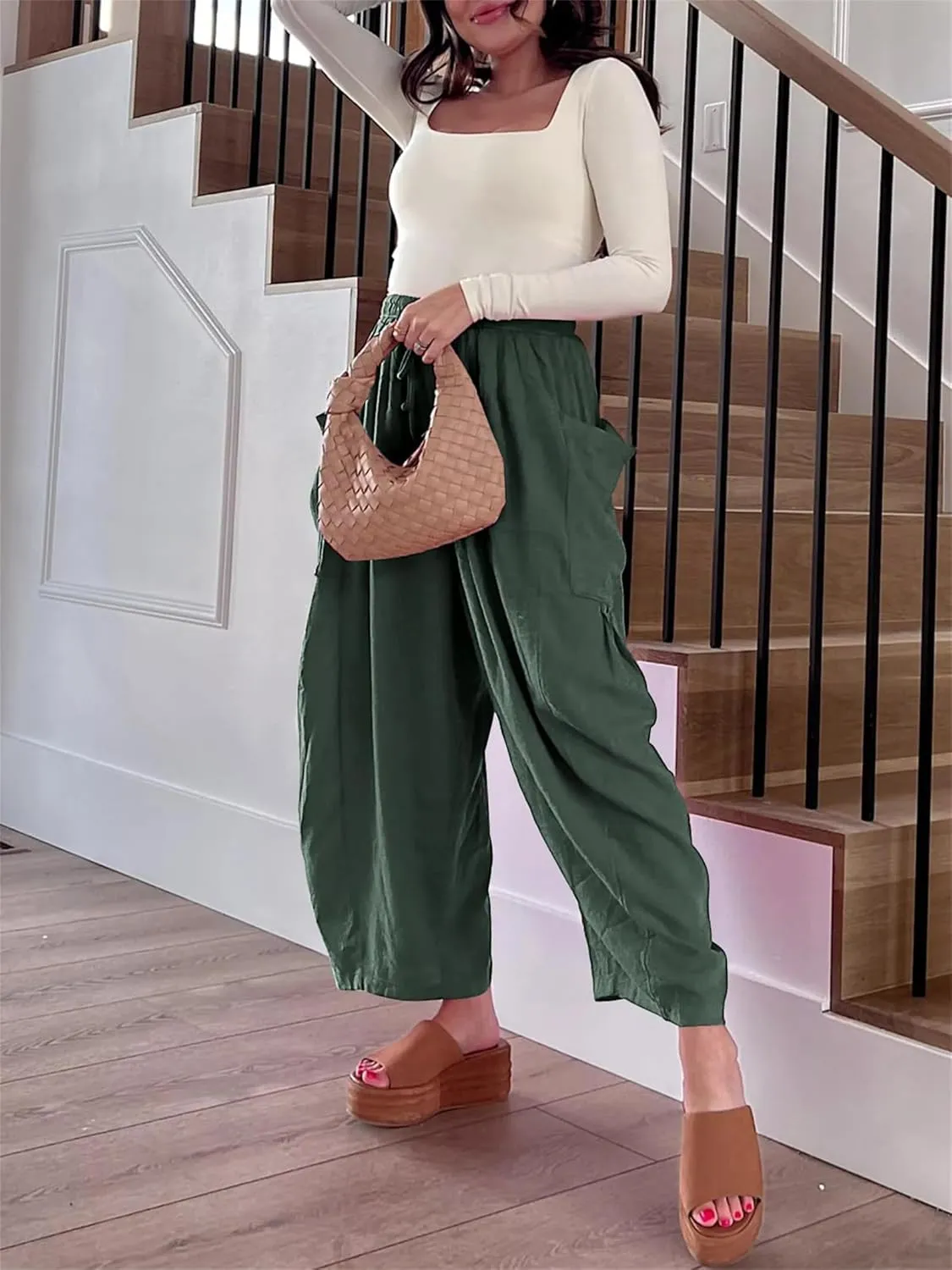 Womens Linen Pants Summer High Waisted Wide Leg Pants Casual Lightweight Drawstring Elastic Waist Pant with Pockets