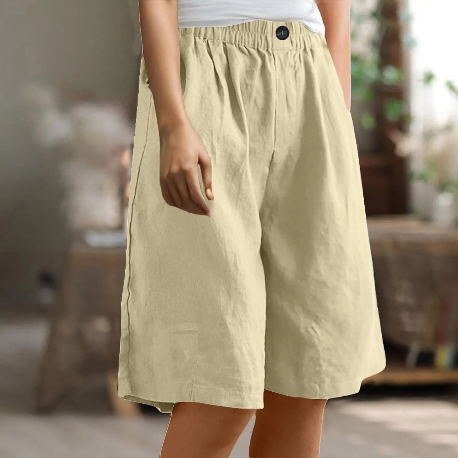 Womens Loose Wide Leg Bermuda Shorts Summer Comfy Elastic Waist Breathable Cotton Linen Knee Length Short Pants