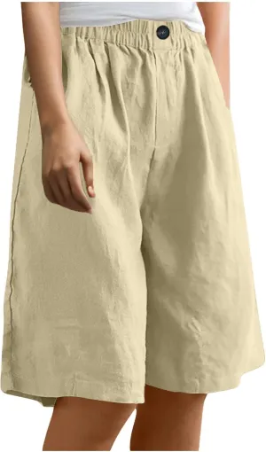 Womens Loose Wide Leg Bermuda Shorts Summer Comfy Elastic Waist Breathable Cotton Linen Knee Length Short Pants