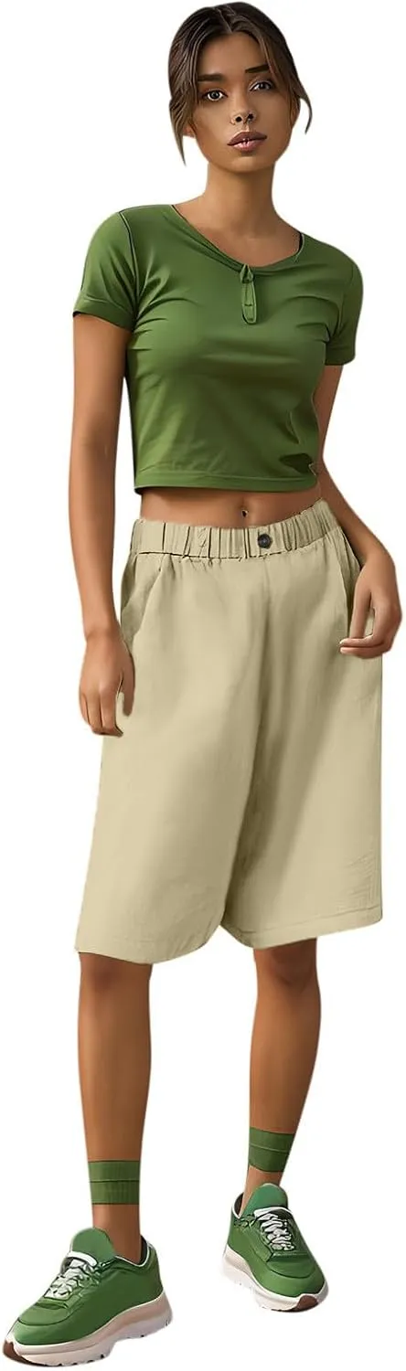 Womens Loose Wide Leg Bermuda Shorts Summer Comfy Elastic Waist Breathable Cotton Linen Knee Length Short Pants