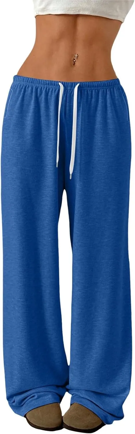 Womens Low Rise Baggy Sweatpants Elastic Drawstring Wide Leg Workout Pants Lightweight Yoga Track Pants with Pockets