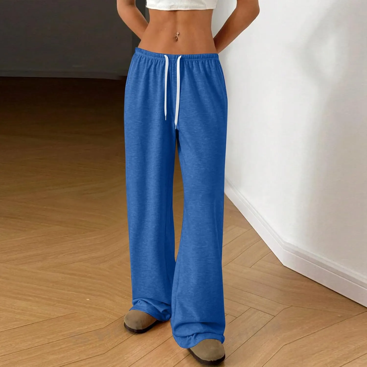 Womens Low Rise Baggy Sweatpants Elastic Drawstring Wide Leg Workout Pants Lightweight Yoga Track Pants with Pockets