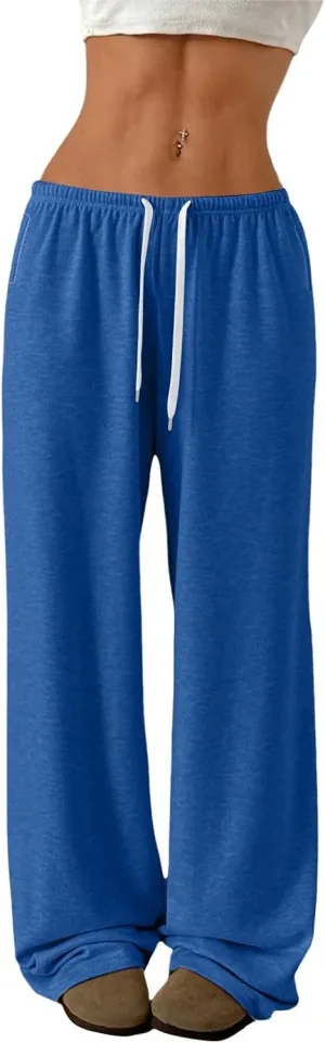 Womens Low Rise Baggy Sweatpants Elastic Drawstring Wide Leg Workout Pants Lightweight Yoga Track Pants with Pockets