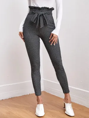 Women's Pants Tie Front Paperbag Waist Plaid Skinny Pants Work Casual Pants