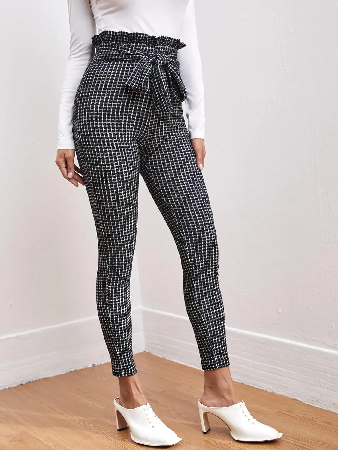 Women's Pants Tie Front Paperbag Waist Plaid Skinny Pants Work Casual Pants