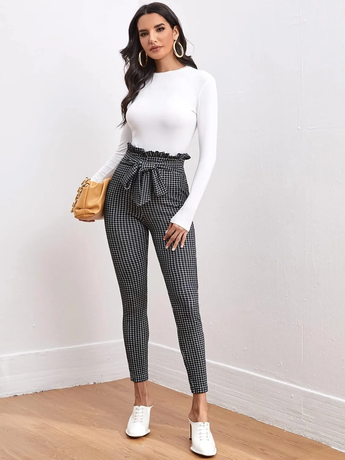 Women's Pants Tie Front Paperbag Waist Plaid Skinny Pants Work Casual Pants
