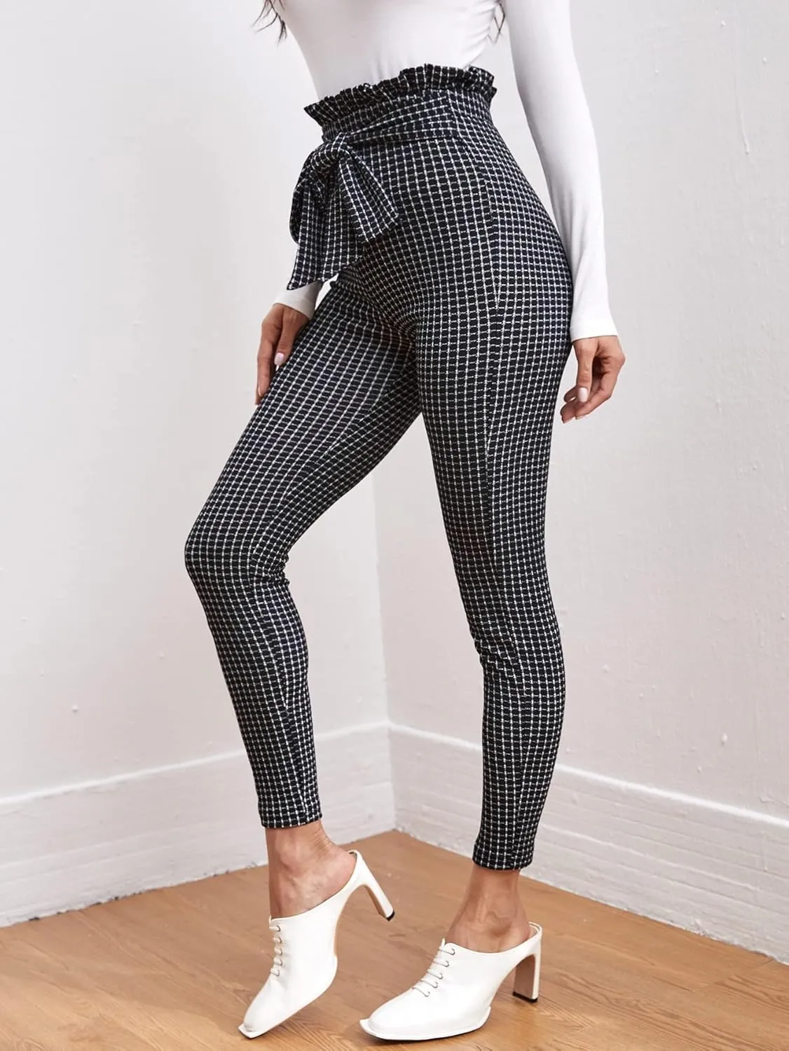 Women's Pants Tie Front Paperbag Waist Plaid Skinny Pants Work Casual Pants
