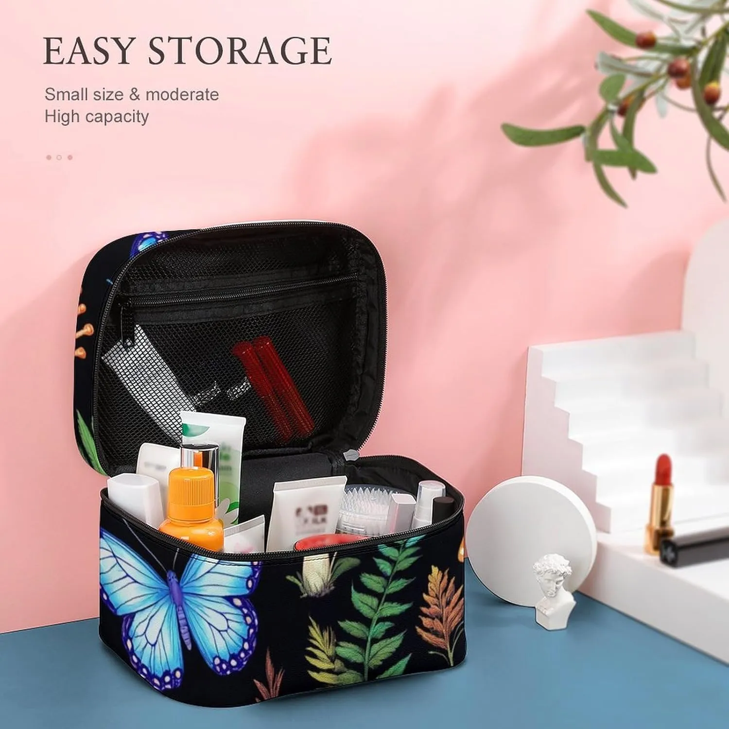 Women's Portable Makeup Bag, Travel Large Cosmetic Storage Case Goth Moon Frogs Moth Butterfly Magical Mushroom Leaves Toiletry Organizer Bag with Zipper Pouch
