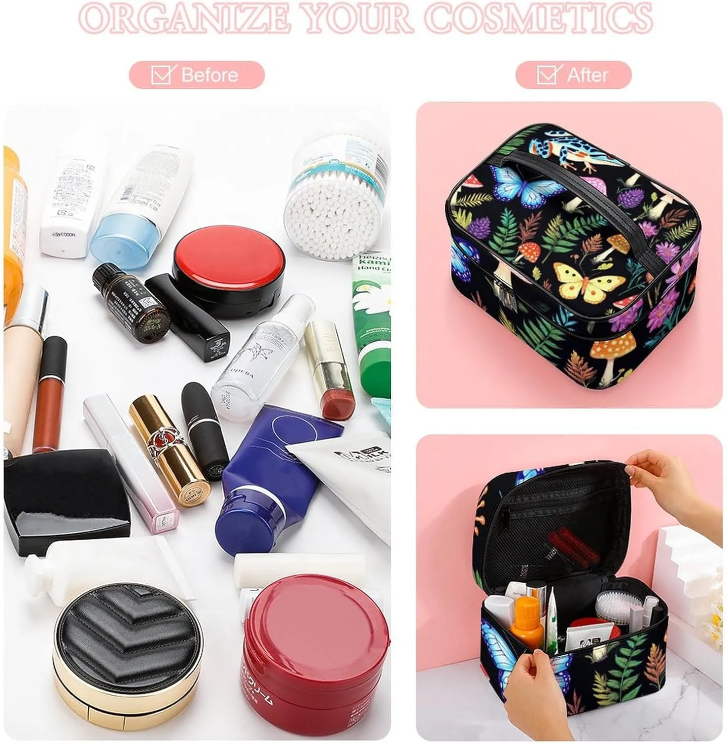 Women's Portable Makeup Bag, Travel Large Cosmetic Storage Case Goth Moon Frogs Moth Butterfly Magical Mushroom Leaves Toiletry Organizer Bag with Zipper Pouch