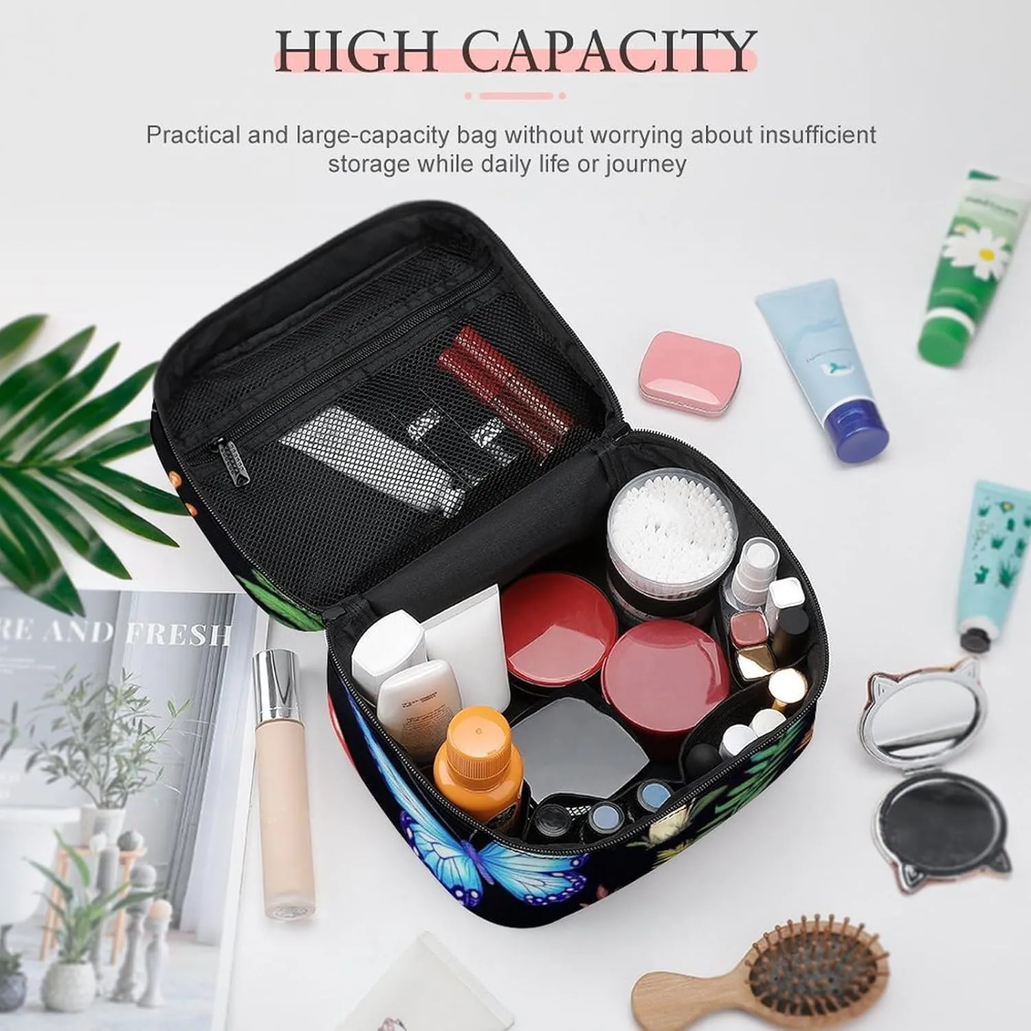 Women's Portable Makeup Bag, Travel Large Cosmetic Storage Case Goth Moon Frogs Moth Butterfly Magical Mushroom Leaves Toiletry Organizer Bag with Zipper Pouch
