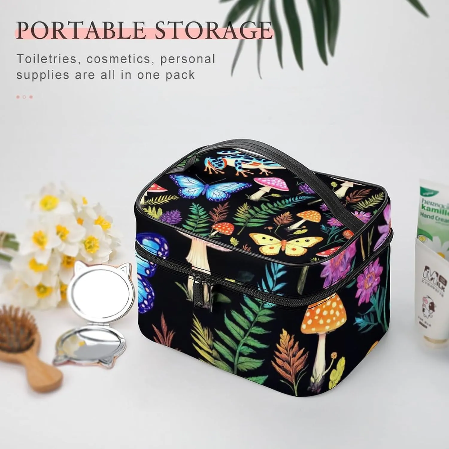 Women's Portable Makeup Bag, Travel Large Cosmetic Storage Case Goth Moon Frogs Moth Butterfly Magical Mushroom Leaves Toiletry Organizer Bag with Zipper Pouch