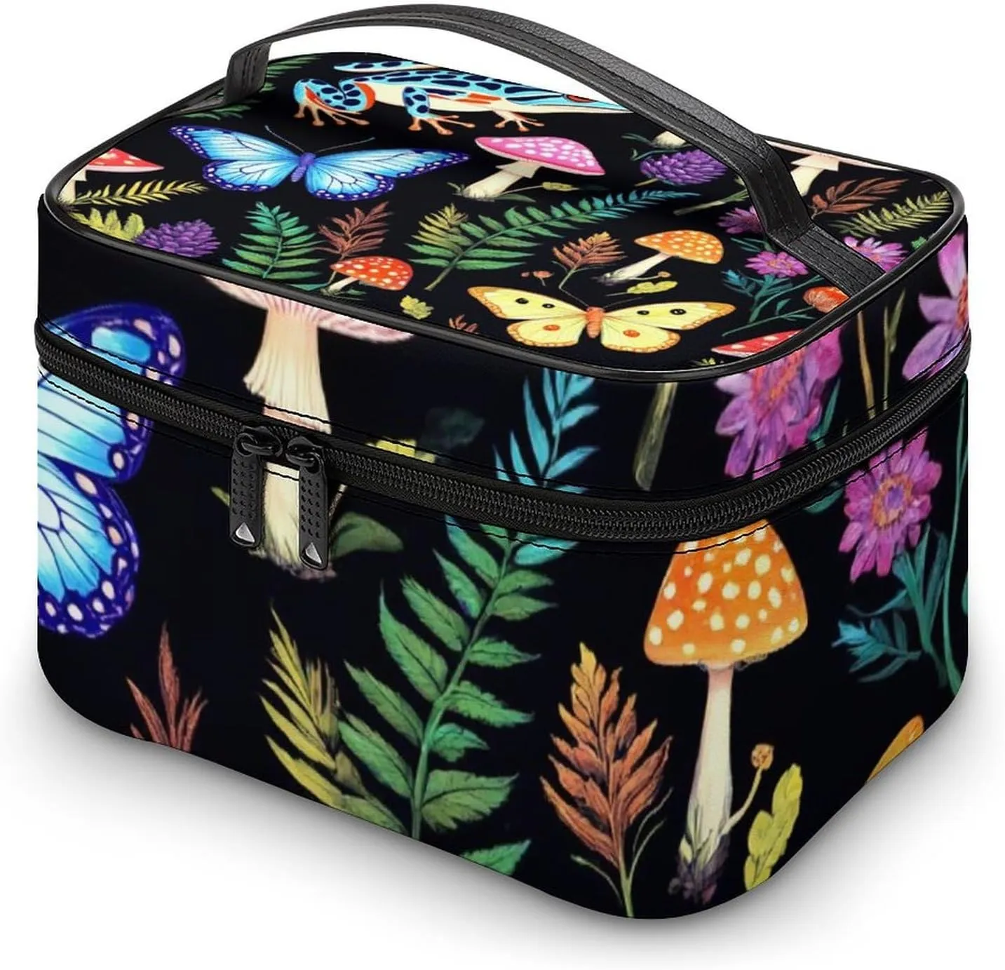 Women's Portable Makeup Bag, Travel Large Cosmetic Storage Case Goth Moon Frogs Moth Butterfly Magical Mushroom Leaves Toiletry Organizer Bag with Zipper Pouch