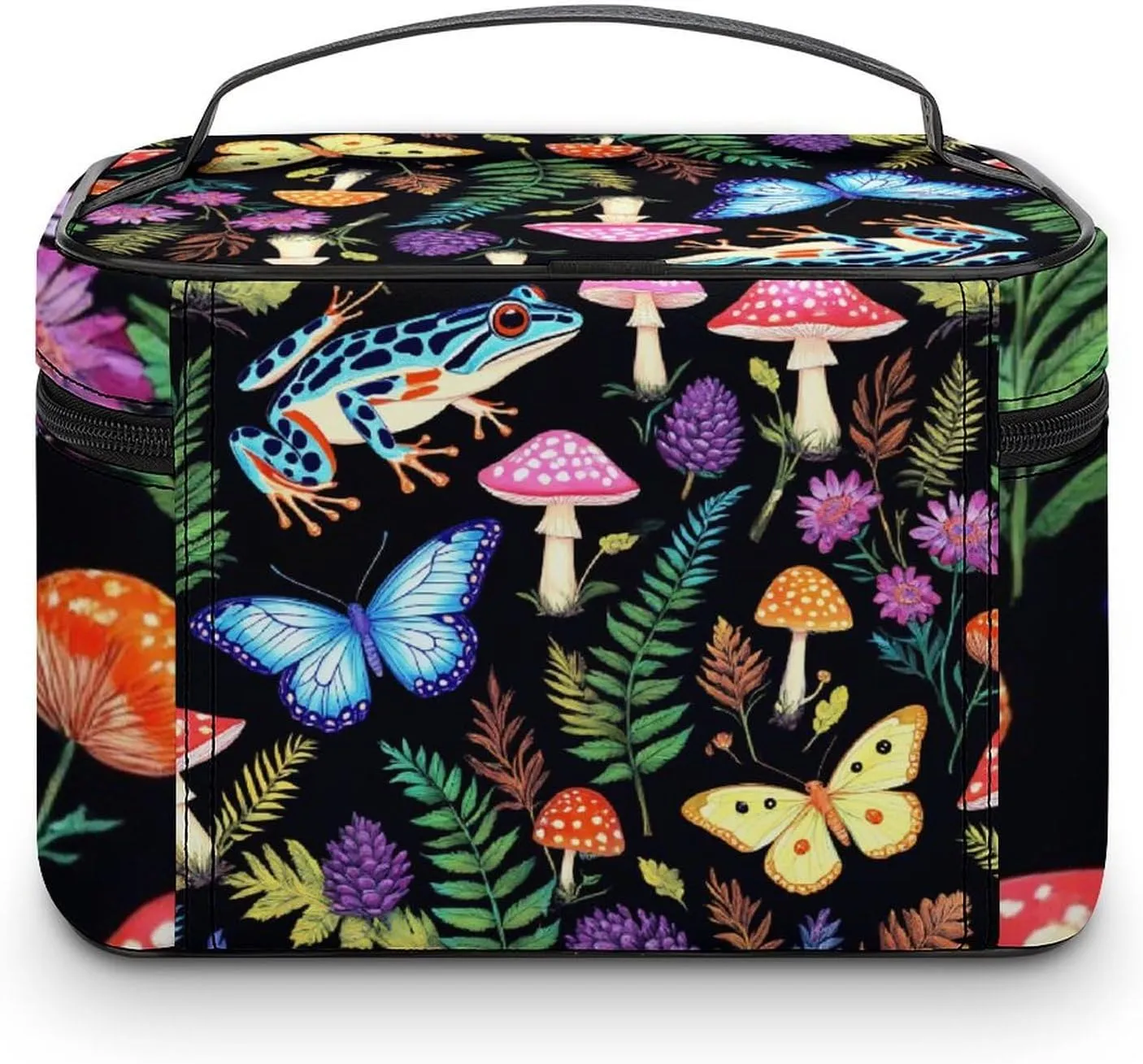 Women's Portable Makeup Bag, Travel Large Cosmetic Storage Case Goth Moon Frogs Moth Butterfly Magical Mushroom Leaves Toiletry Organizer Bag with Zipper Pouch