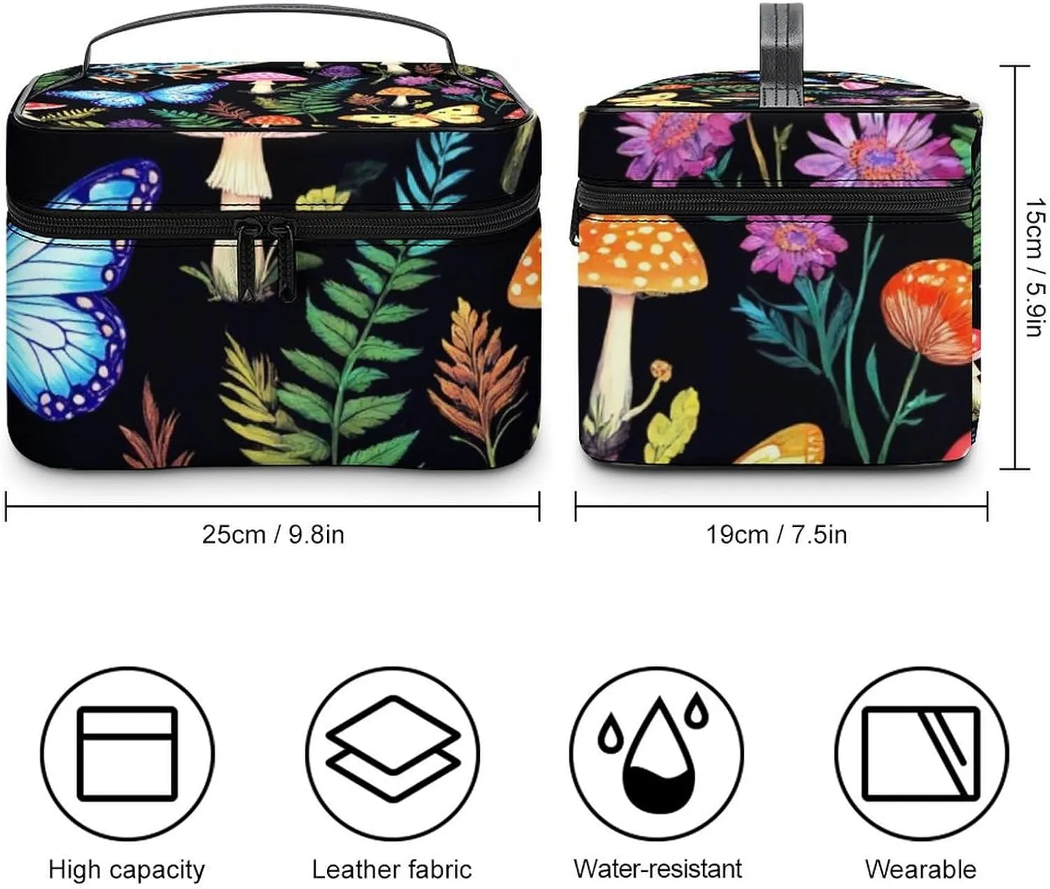 Women's Portable Makeup Bag, Travel Large Cosmetic Storage Case Goth Moon Frogs Moth Butterfly Magical Mushroom Leaves Toiletry Organizer Bag with Zipper Pouch