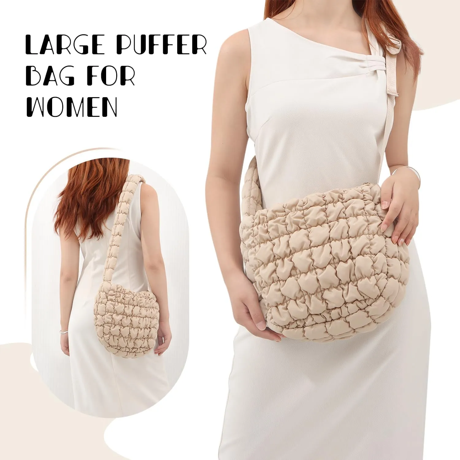 Womens Puffer Hobo Bag Quilted Puffer Tote Bag Lightweight Quilted Carryall Bag