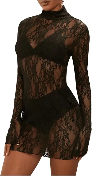 Women's See Through Sheer Mesh Lace Mini Dress Mock Neck Long Sleeve Bodycon Dresses