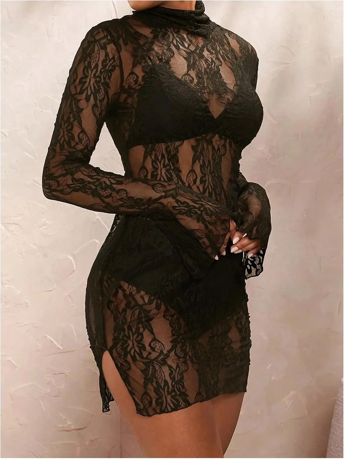 Women's See Through Sheer Mesh Lace Mini Dress Mock Neck Long Sleeve Bodycon Dresses