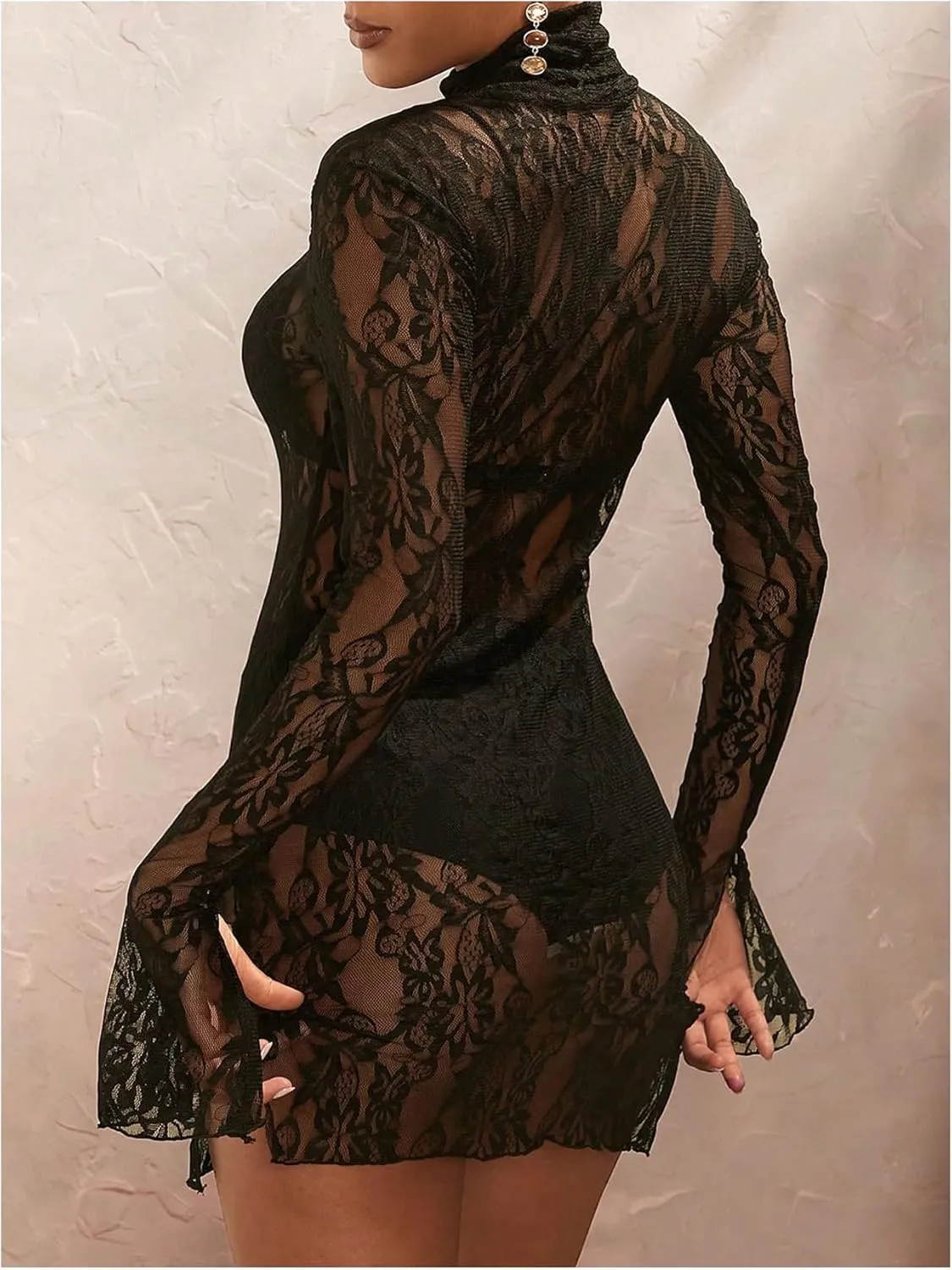 Women's See Through Sheer Mesh Lace Mini Dress Mock Neck Long Sleeve Bodycon Dresses