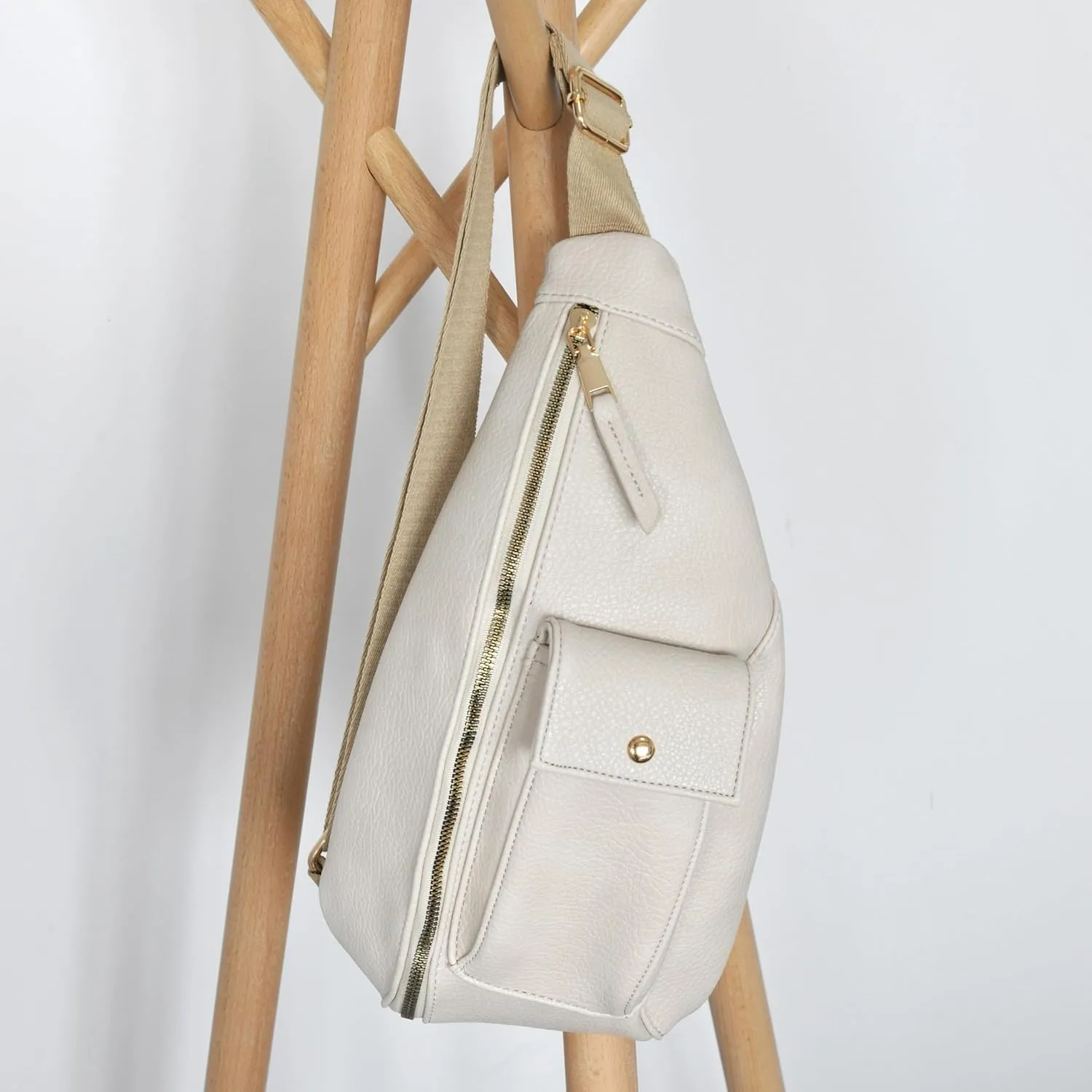Women's Sling Bag Vegan Leather Fanny Packs Crossbody bag with Adjustable Shoulder Strap Chest Bag for Travel (Beige)
