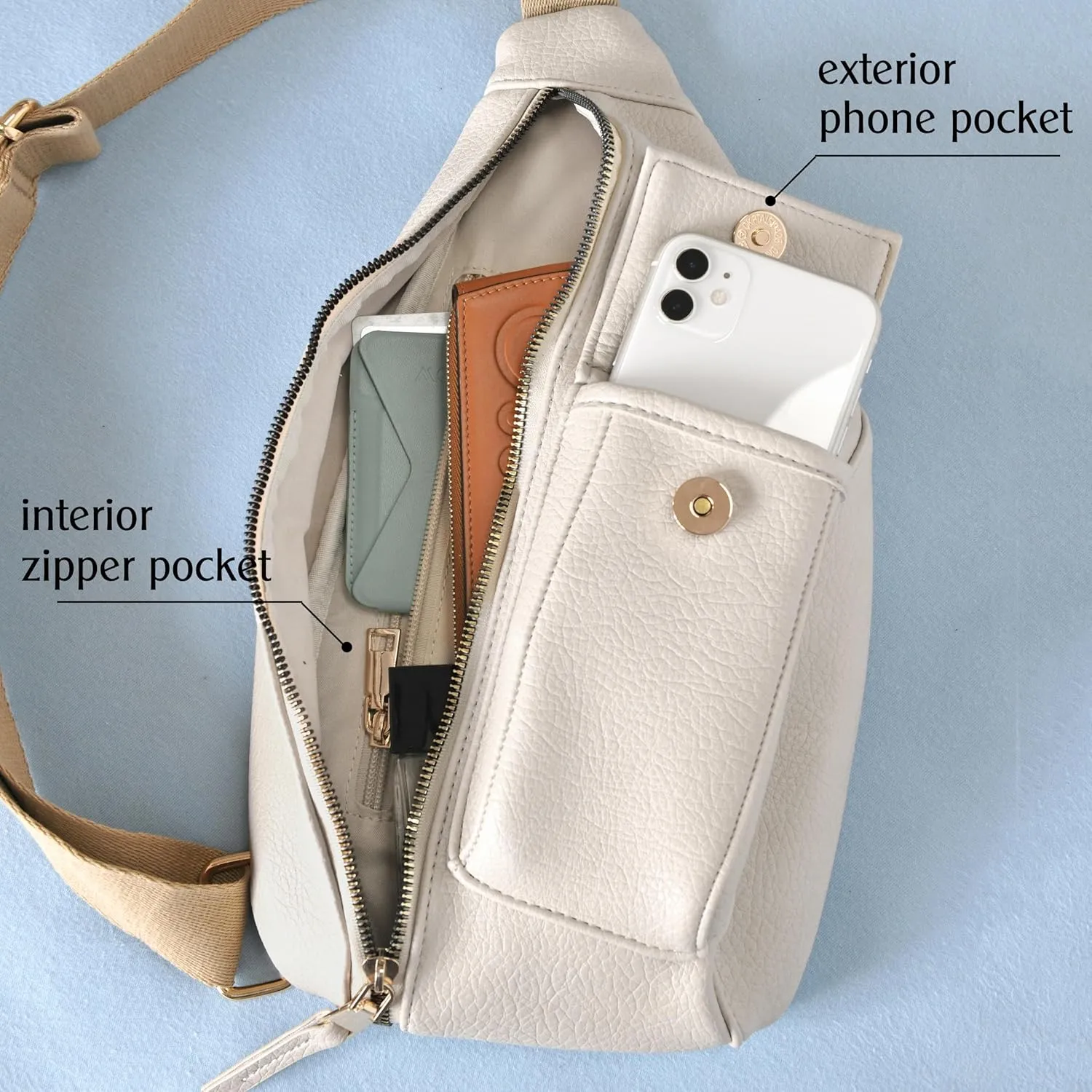 Women's Sling Bag Vegan Leather Fanny Packs Crossbody bag with Adjustable Shoulder Strap Chest Bag for Travel (Beige)