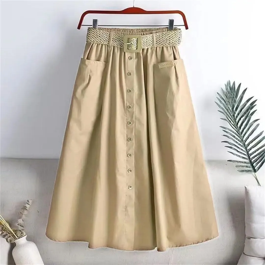 Women's Summer Cotton High Waist Skirt Elastic Waist Mid-Length with Pocket A- Line Skirt