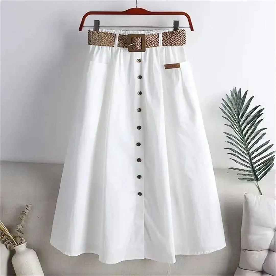Women's Summer Cotton High Waist Skirt Elastic Waist Mid-Length with Pocket A- Line Skirt