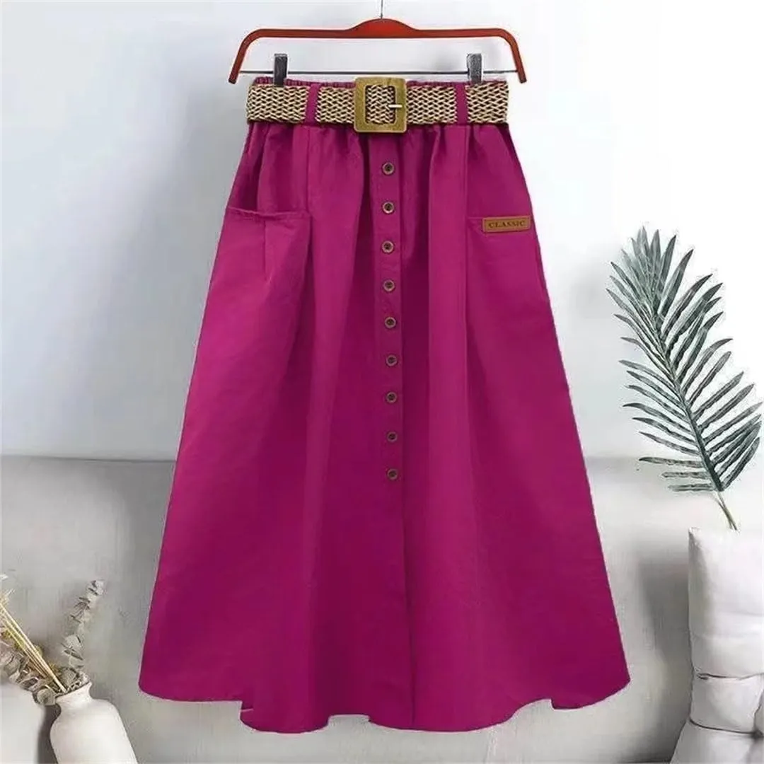 Women's Summer Cotton High Waist Skirt Elastic Waist Mid-Length with Pocket A- Line Skirt