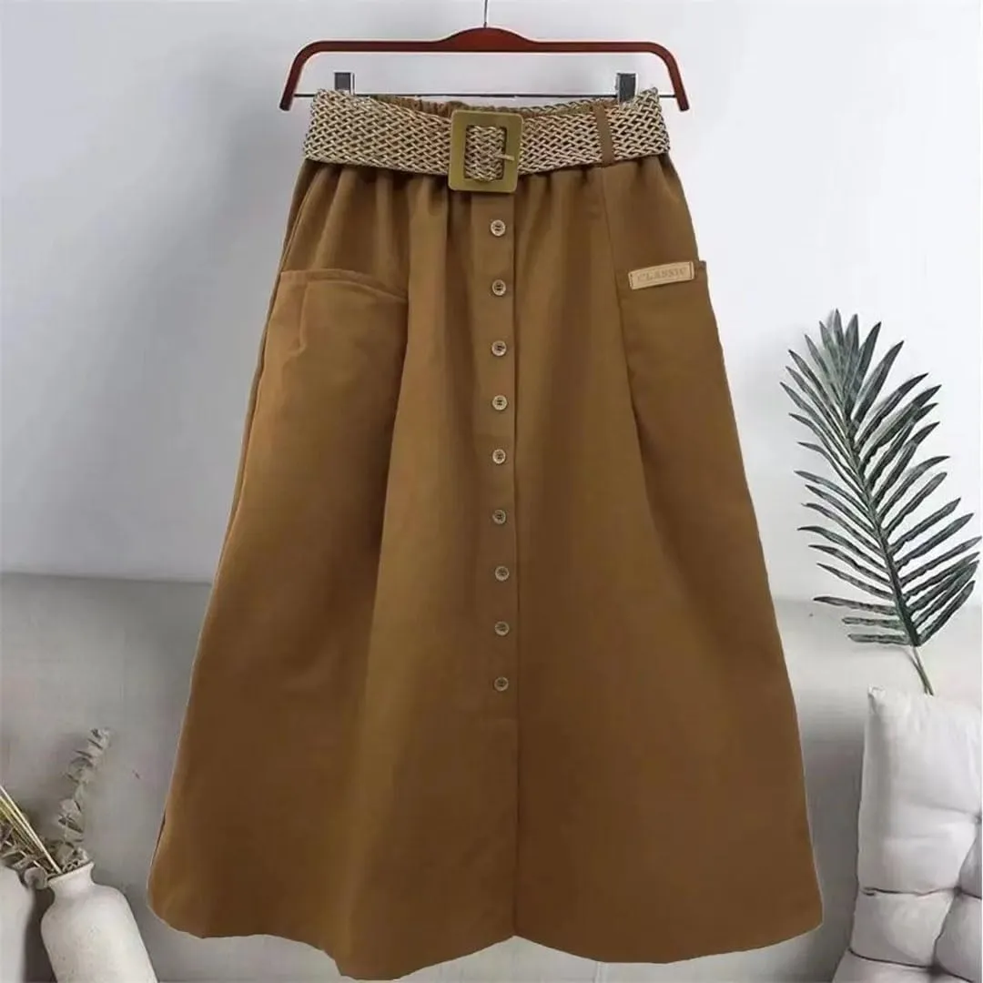 Women's Summer Cotton High Waist Skirt Elastic Waist Mid-Length with Pocket A- Line Skirt