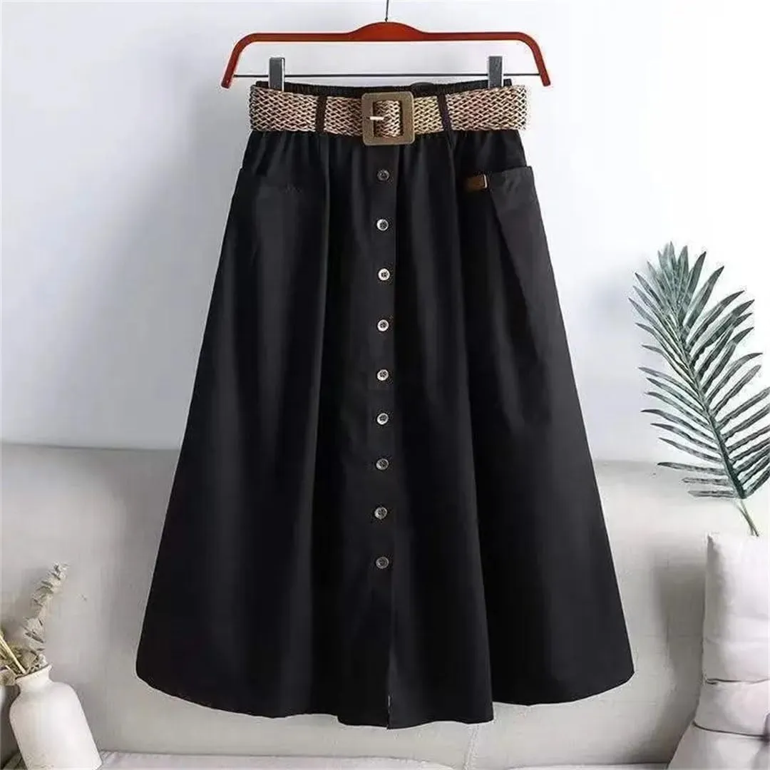 Women's Summer Cotton High Waist Skirt Elastic Waist Mid-Length with Pocket A- Line Skirt