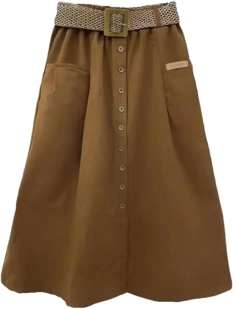 Women's Summer Cotton High Waist Skirt Elastic Waist Mid-Length with Pocket A- Line Skirt