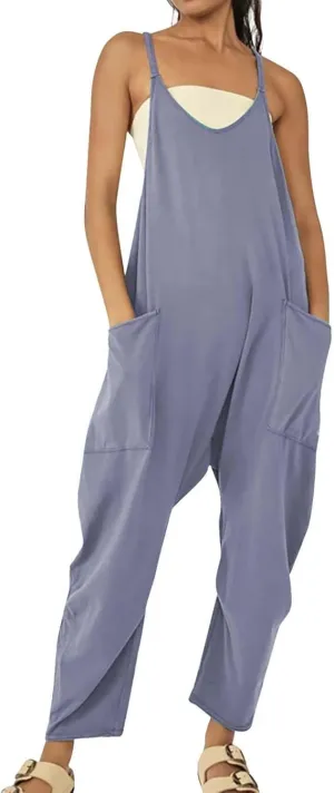 Women's V Neck Sleeveless Jumpsuits Spaghetti Straps Harem Long Pants Overalls with Pockets