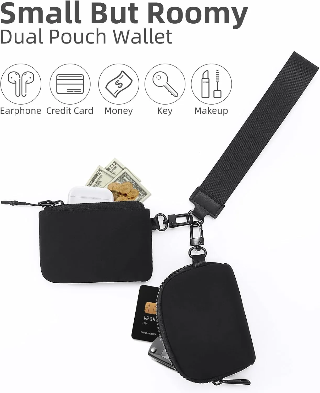 Wristlet Wallets for Women Key Chain Dual Pouch Purse Small Mini Coin Zip Around Bag Keychain Strap Card Holder