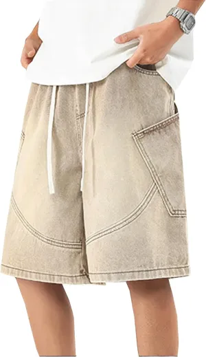 Y2k Baggy Jean Shorts for Men Drawstring Elastic Waist Loose Fit Hip Hop Denim Shorts Summer Beach Bermuda Jorts