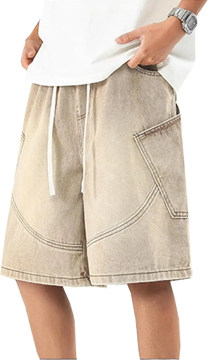 Y2k Baggy Jean Shorts for Men Drawstring Elastic Waist Loose Fit Hip Hop Denim Shorts Summer Beach Bermuda Jorts