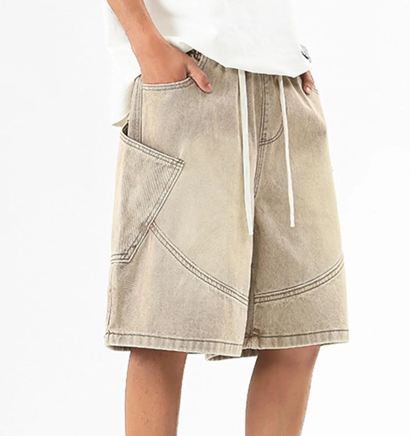 Y2k Baggy Jean Shorts for Men Drawstring Elastic Waist Loose Fit Hip Hop Denim Shorts Summer Beach Bermuda Jorts