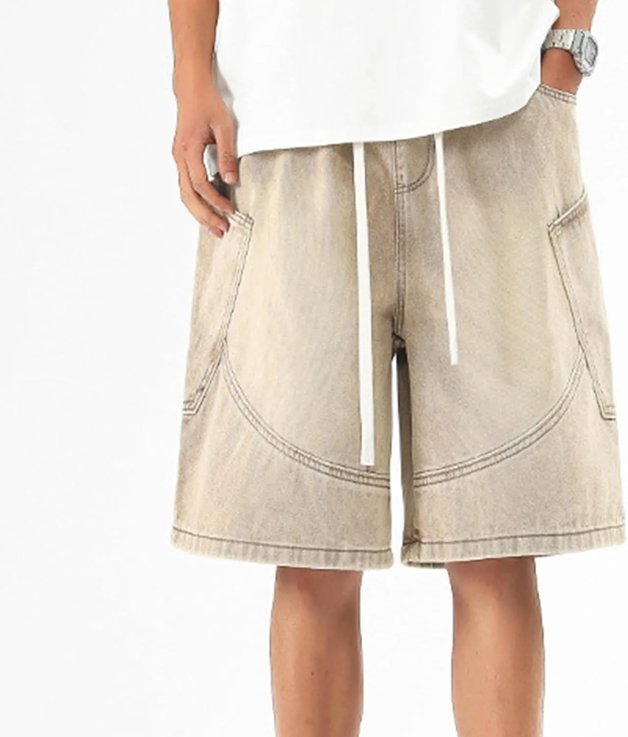 Y2k Baggy Jean Shorts for Men Drawstring Elastic Waist Loose Fit Hip Hop Denim Shorts Summer Beach Bermuda Jorts
