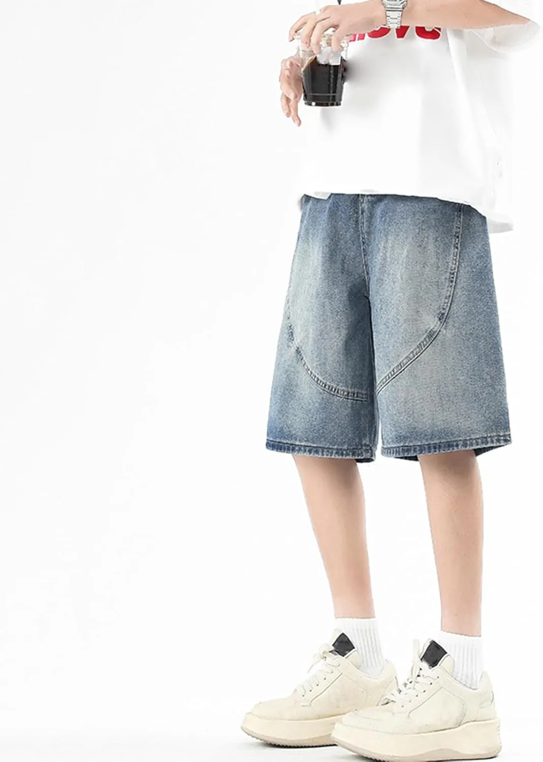 Y2k Jean Shorts for Men Teen Boys Elastic Waist Baggy Wide Leg Jorts Streetwear Hip Hop Denim Shorts 2025 Summer