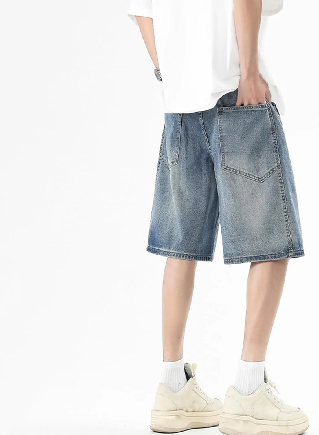 Y2k Jean Shorts for Men Teen Boys Elastic Waist Baggy Wide Leg Jorts Streetwear Hip Hop Denim Shorts 2025 Summer