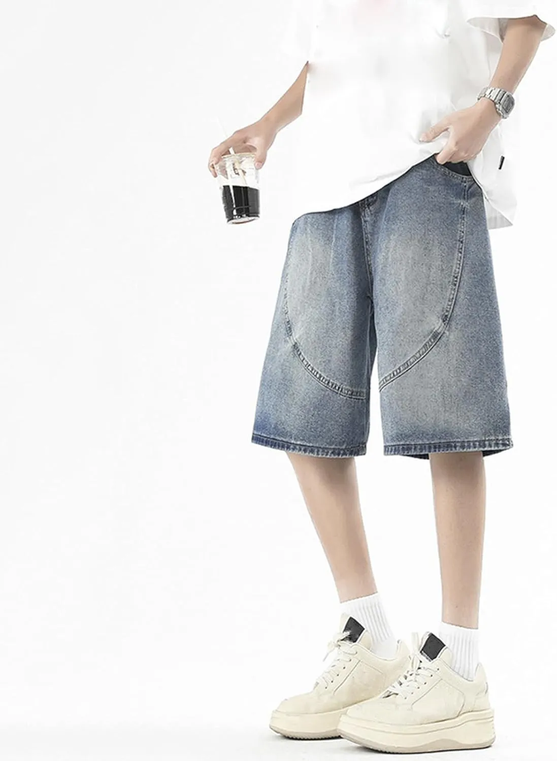 Y2k Jean Shorts for Men Teen Boys Elastic Waist Baggy Wide Leg Jorts Streetwear Hip Hop Denim Shorts 2025 Summer