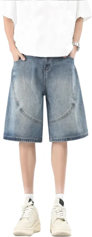 Y2k Jean Shorts for Men Teen Boys Elastic Waist Baggy Wide Leg Jorts Streetwear Hip Hop Denim Shorts 2025 Summer
