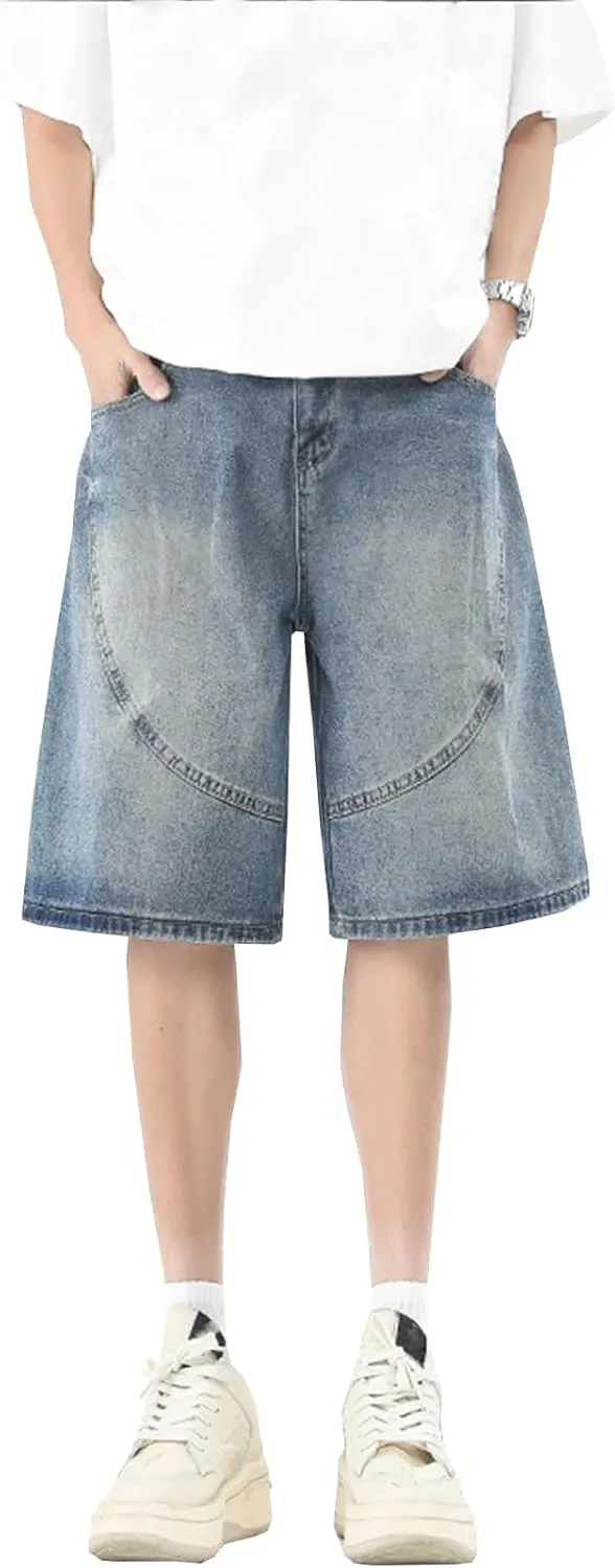 Y2k Jean Shorts for Men Teen Boys Elastic Waist Baggy Wide Leg Jorts Streetwear Hip Hop Denim Shorts 2025 Summer