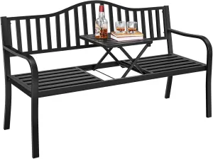 Yaheetech Outdoor Garden Bench w/Pullout Middle Table, Metal Patio Bench, Front Porch for Backyard, Weather-Resistant Frame, Patio Seating for 2-3 Person, Black