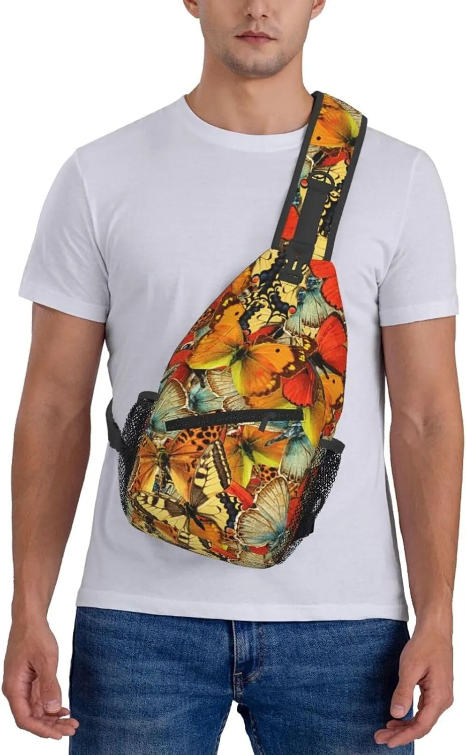 Yellow Butterflies Texture Tile Chest Sling Bag Crossbody Shoulder Backpack Bag Gym Cycling Daypack Travel Hiking Cross Bag