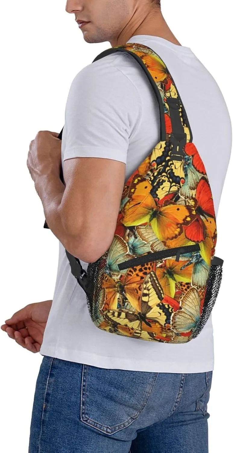 Yellow Butterflies Texture Tile Chest Sling Bag Crossbody Shoulder Backpack Bag Gym Cycling Daypack Travel Hiking Cross Bag