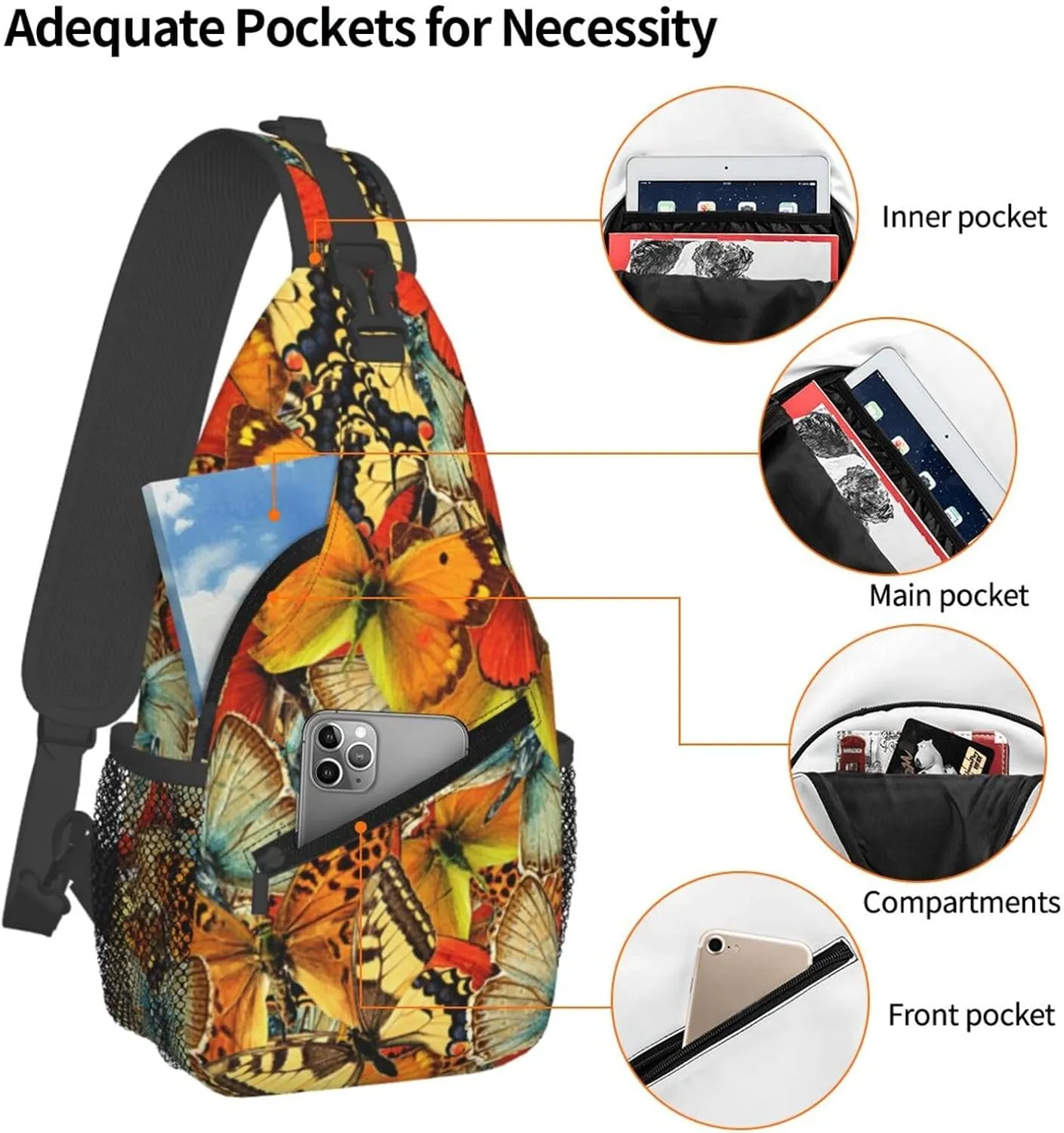 Yellow Butterflies Texture Tile Chest Sling Bag Crossbody Shoulder Backpack Bag Gym Cycling Daypack Travel Hiking Cross Bag