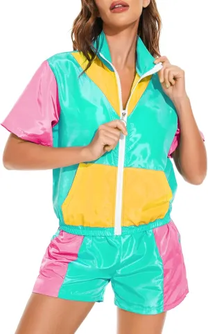 Yisfri Women's Color Block Windbreaker 2 Piece Outfits Short Sleeve Zip Front Elastic Waist Tracksuit Set