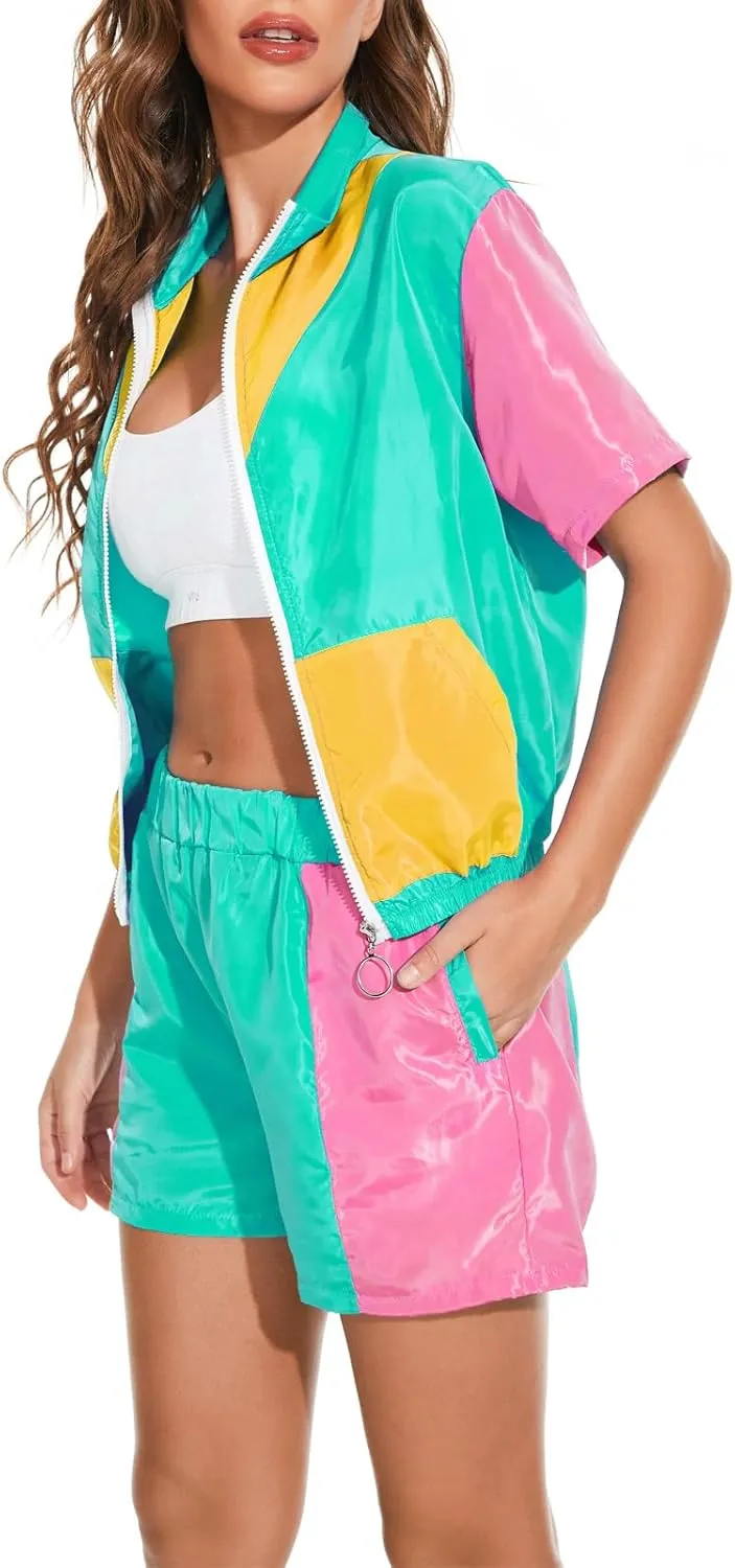 Yisfri Women's Color Block Windbreaker 2 Piece Outfits Short Sleeve Zip Front Elastic Waist Tracksuit Set