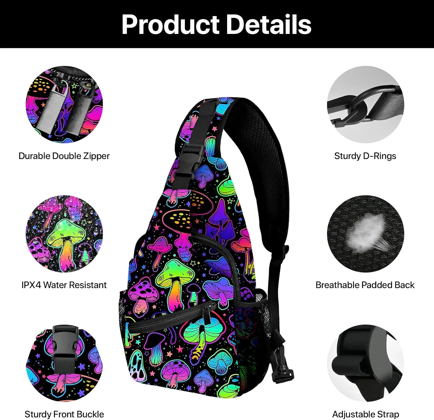 Yrebyou Mushroom Sling Bag for Women Men Chest Backpack Travel Crossbody Daypack for Hiking Cycling Running